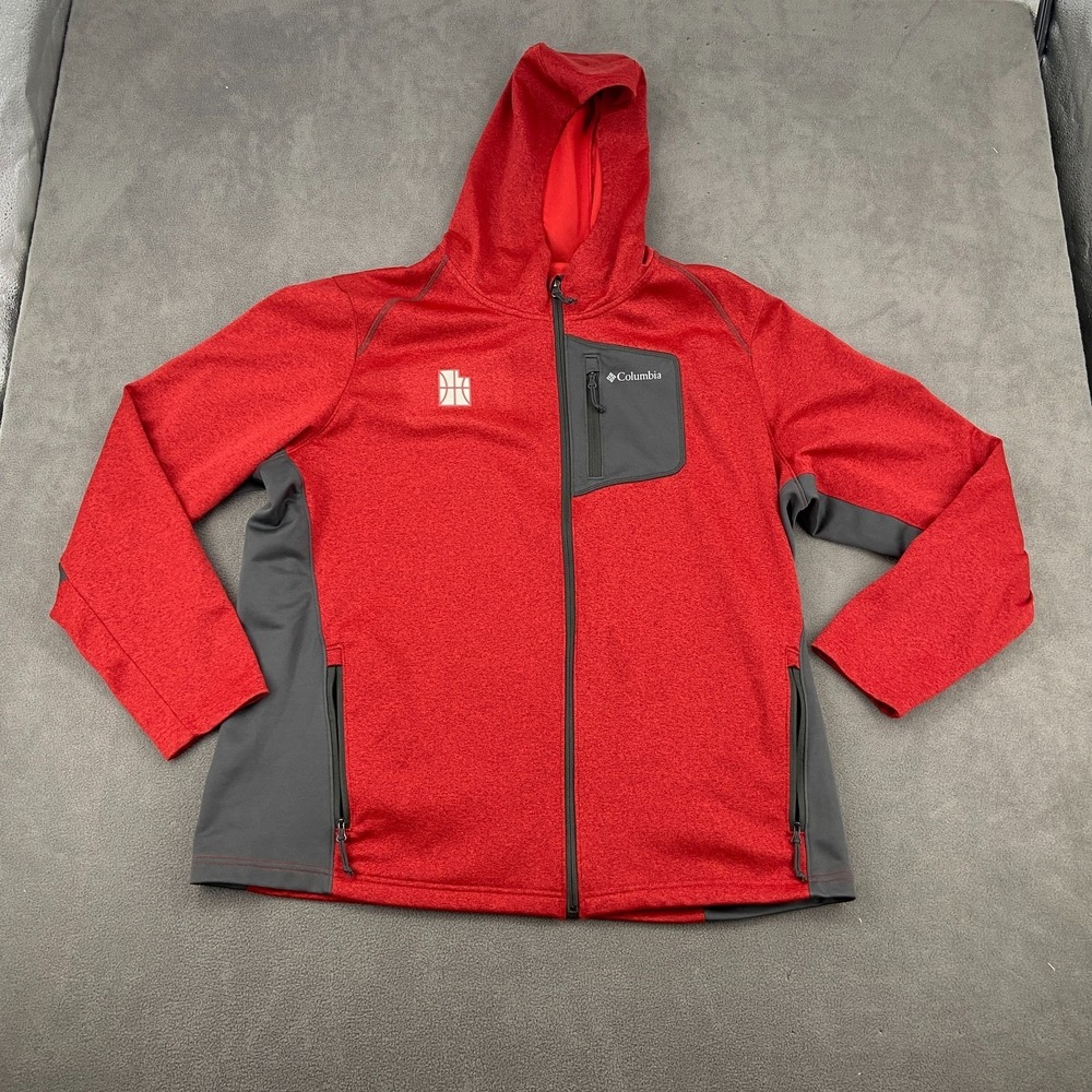 Columbia Jackson Creek Hoodie Mens XL Red Gray Side Panels Long Sleeve Full-Zip